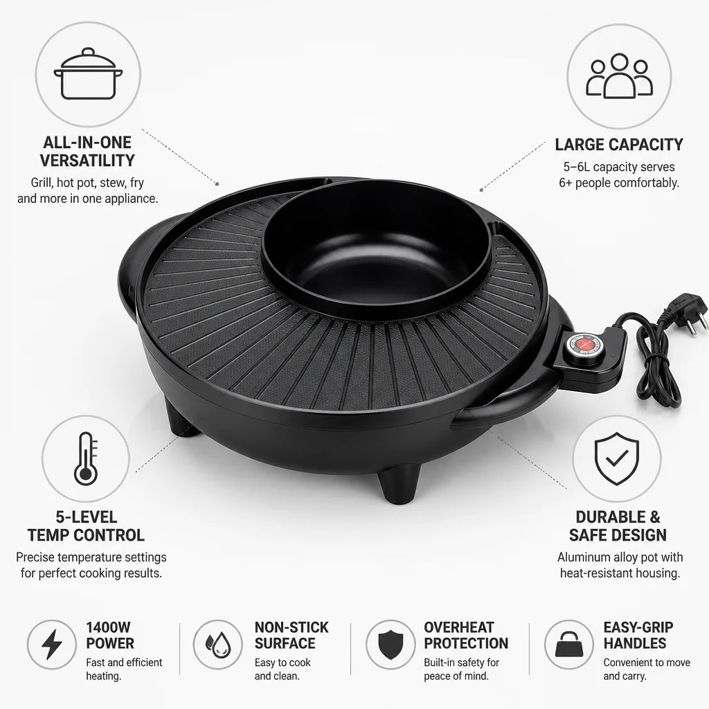 All-in-One Electric Hot Pot & Teppanyaki Grill Plate (5–6L)