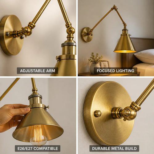 Adjustable Wall Lamp with Swivel Arm in Antique Brass