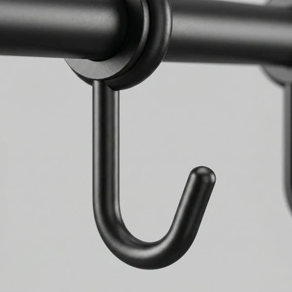 Wall rail kitchen with S-hooks and lid holder