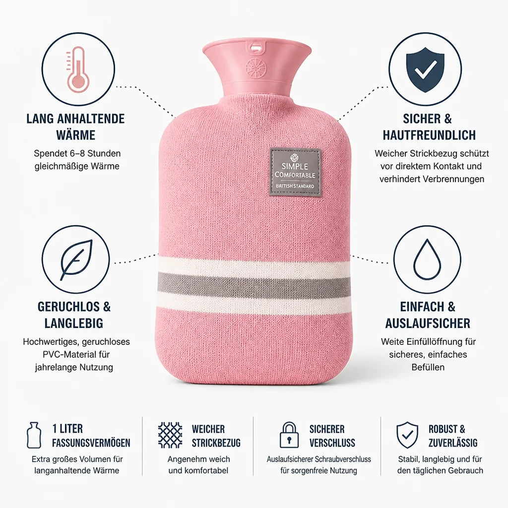 Soft, knitted, heat-retaining 1L hot water bottle