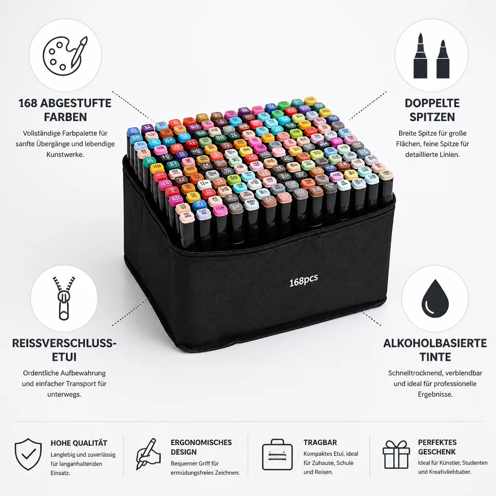 168-Color Dual-Tip Alcohol Marker Set (Zipper Bag)