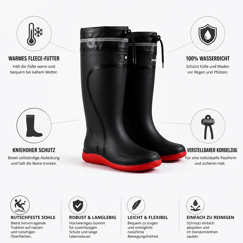Waterproof, fleece-lined, non-slip knee-high rain boots