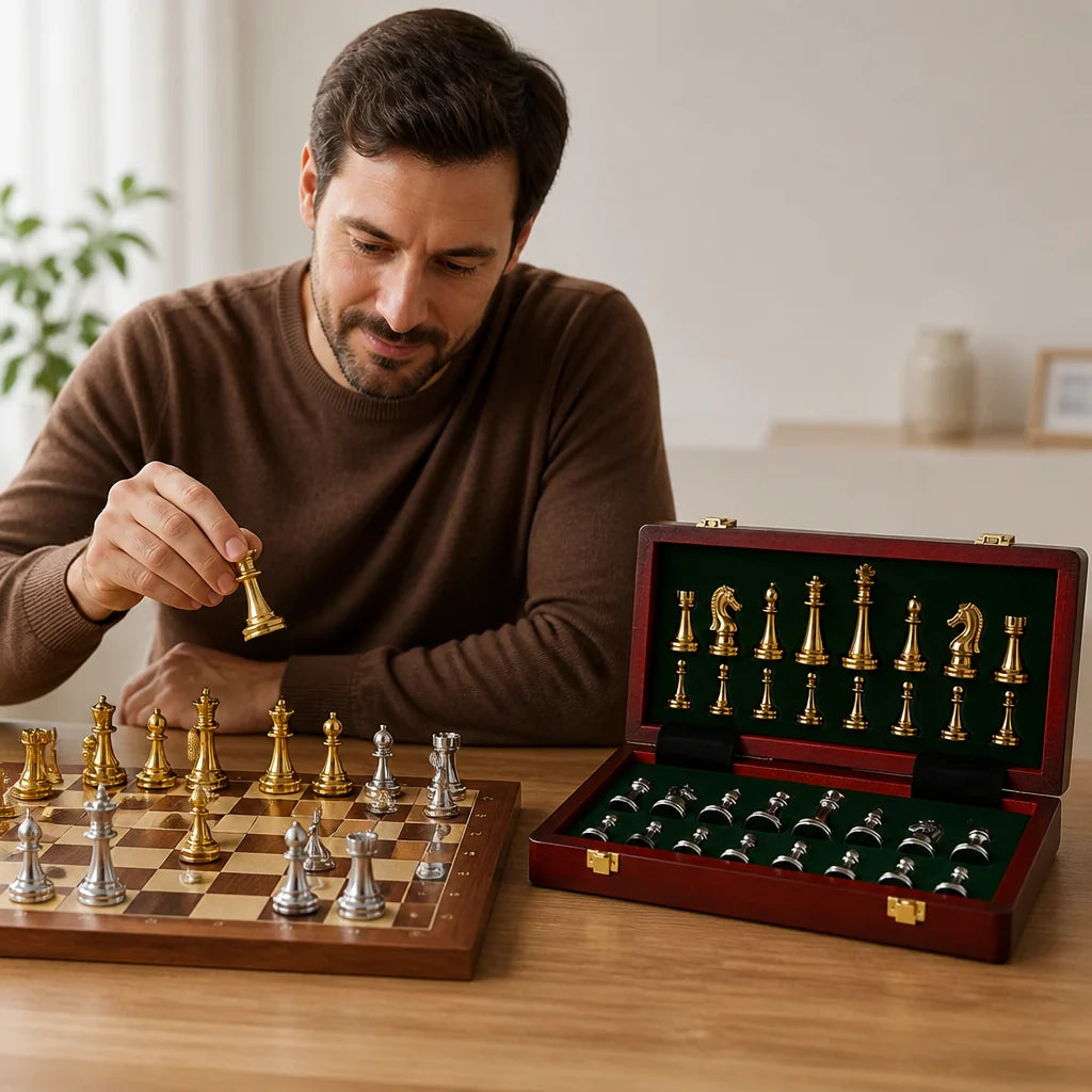 Foldable Padded Chess Set with Gold and Silver Finish