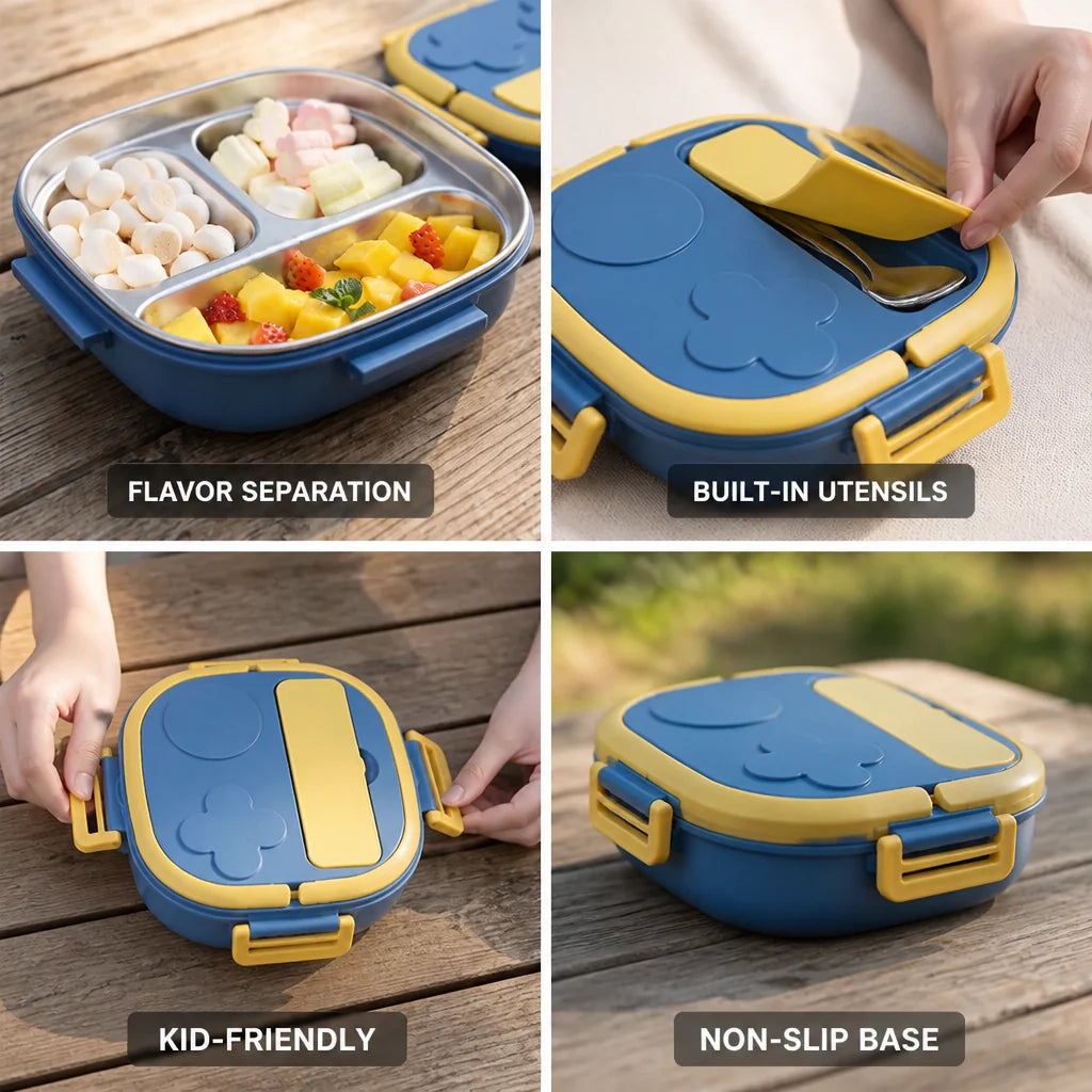 Stainless Steel Bento Box with Dividers (with Cutlery Case)