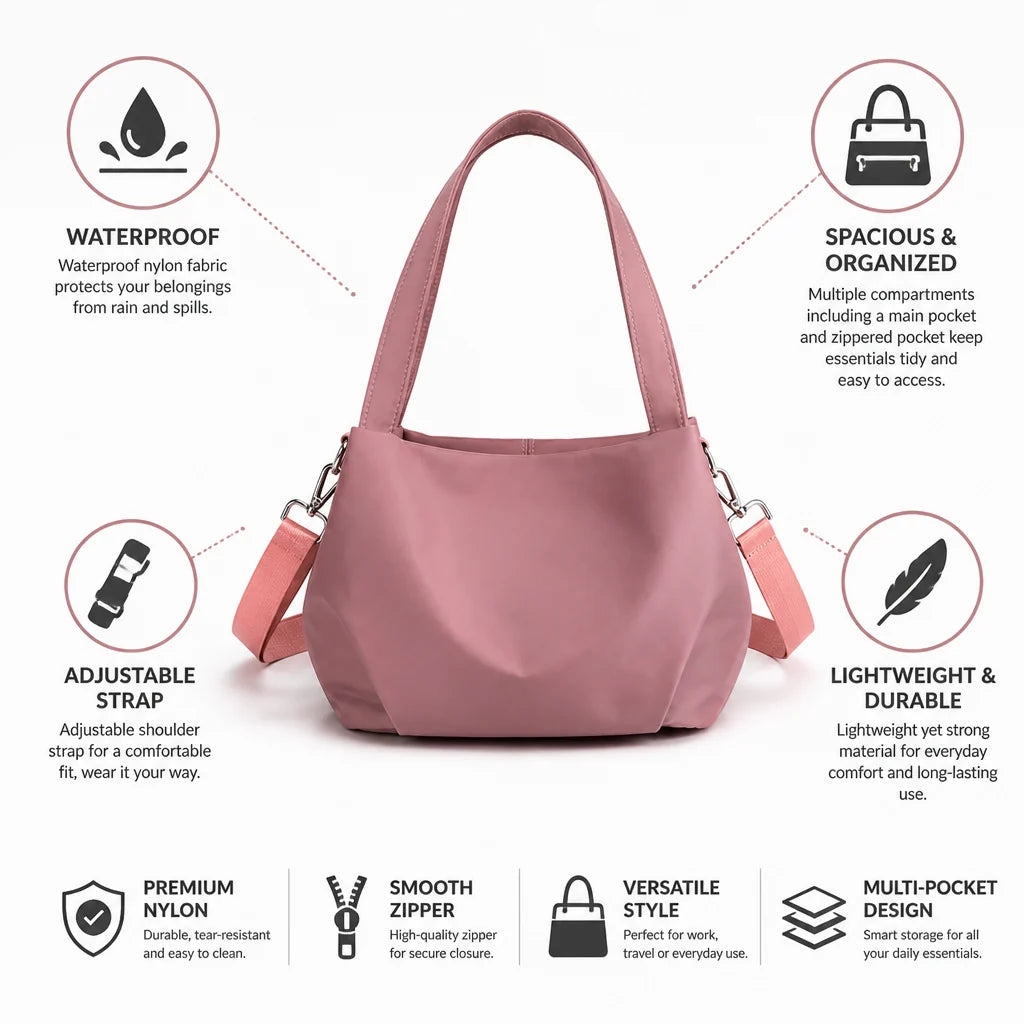 Waterproof nylon shoulder bag with multiple compartments