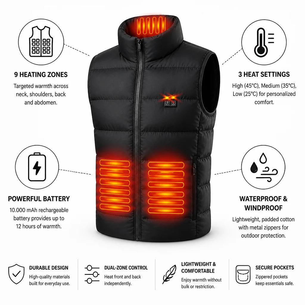 Vest with 9-Zone Heating and Rechargeable 10,000 mAh Battery