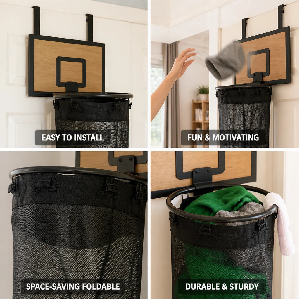 Over-the-Door Basketball Hoop with Laundry Basket (Removable Net Bag)