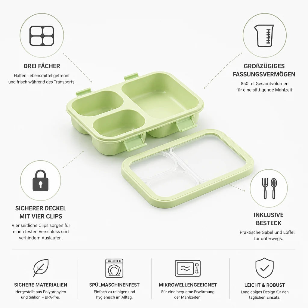 Lunchbox for children with three compartments and four clips (including fork and spoon)