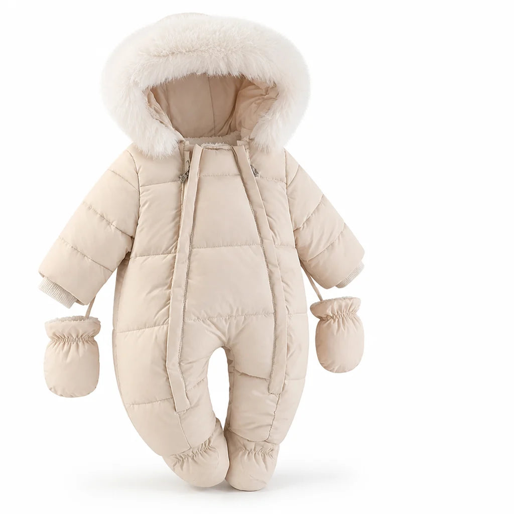 Padded Baby Romper with Faux Fur Hood (Built-in Hand Warmers)