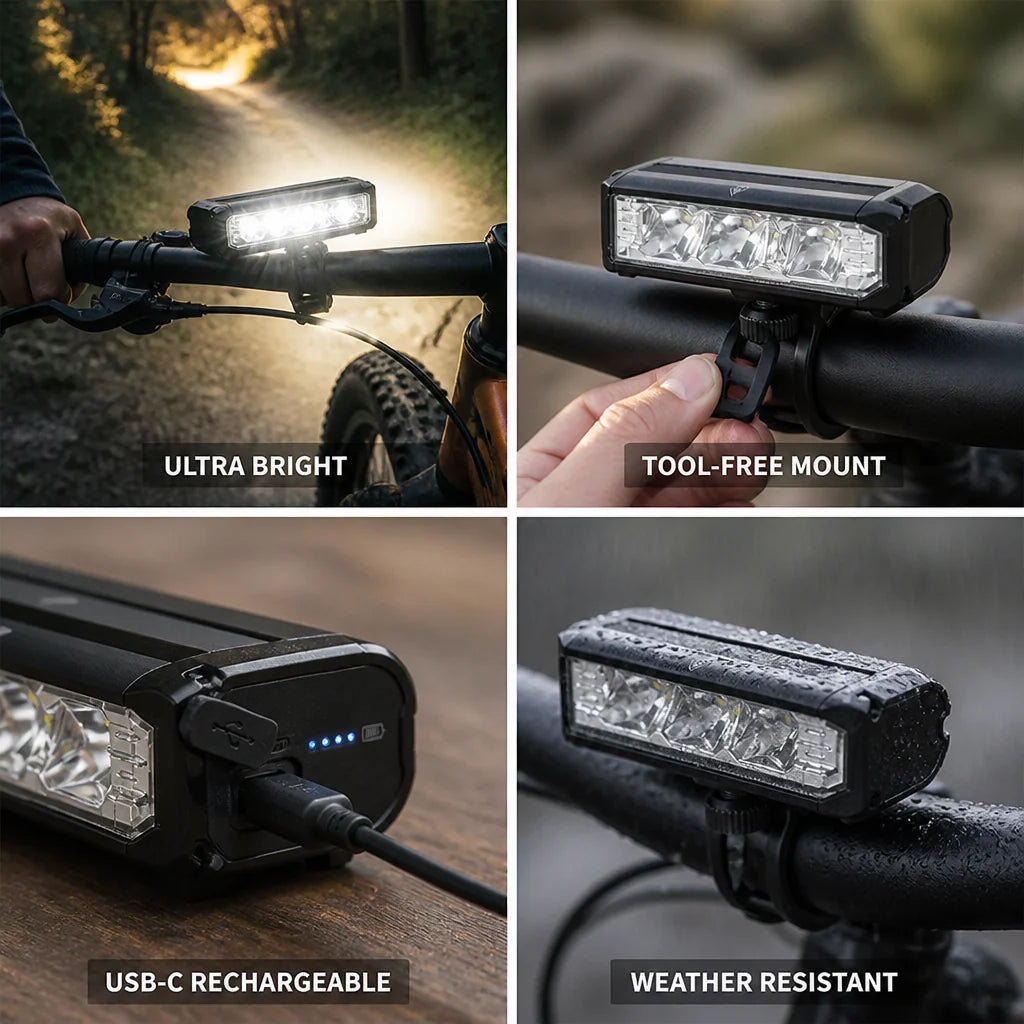 Bicycle Headlight USB-C Rechargeable LED 1700 Lumen Wide Beam