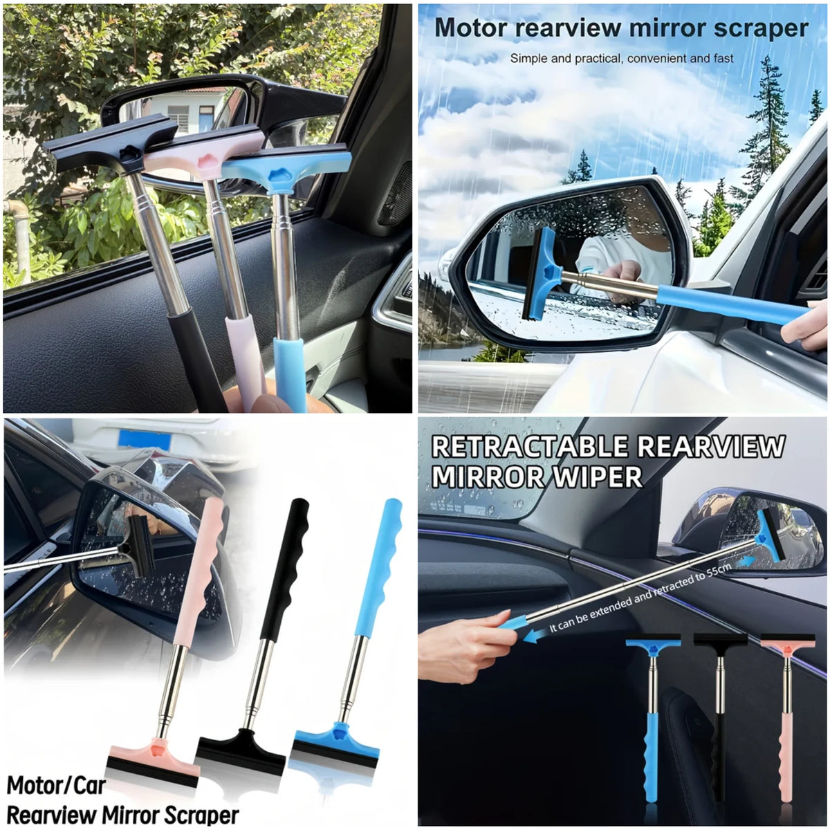 Car Mirror Squeegee Telescopic Extendable Handle & Silicone Blade (2 Pack)