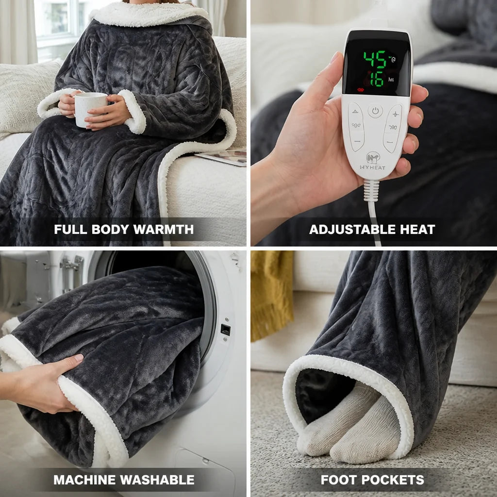 Sherpa-Lined, Machine Washable, Wearable Heated Blanket (with Sleeves and Foot Pockets)