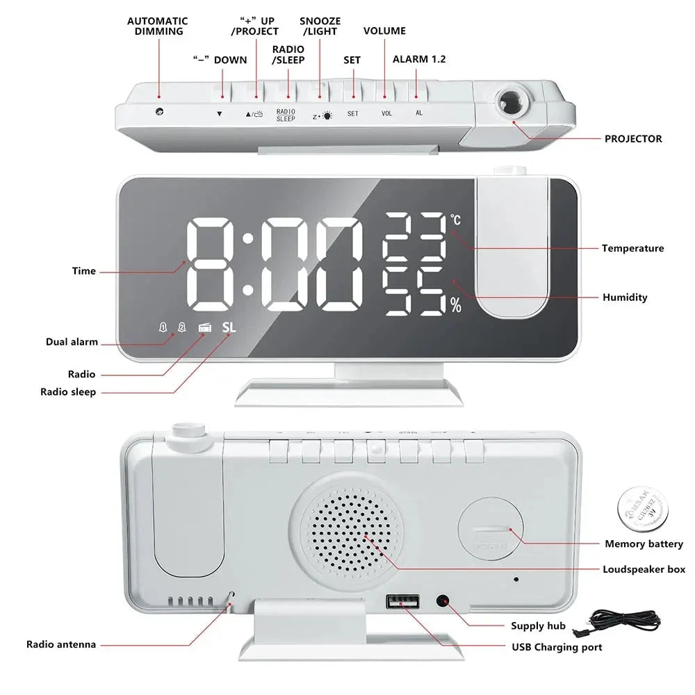 Projection Alarm Clock FM Radio & USB Charging Port