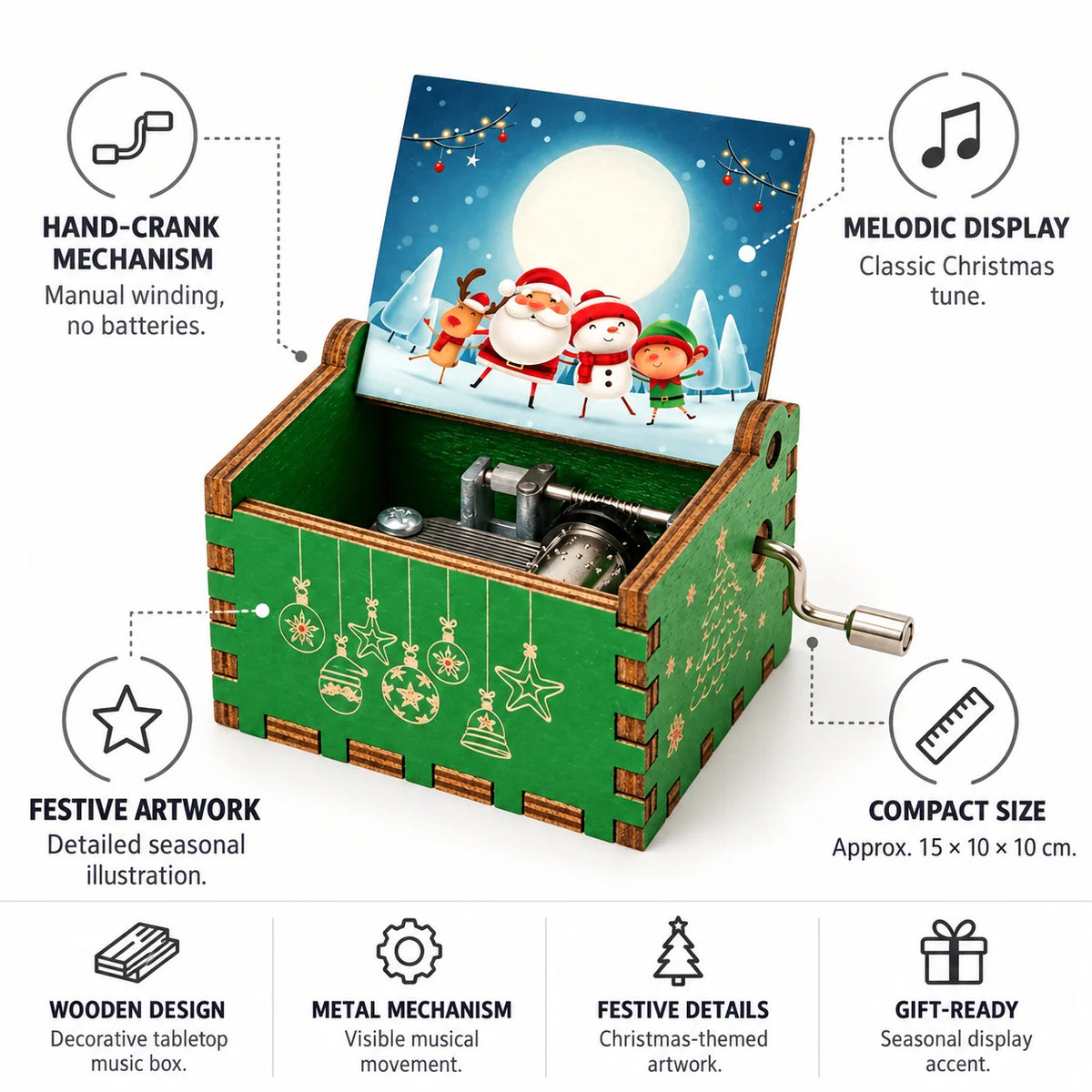 Christmas Music Box Hand Crank Wooden Keepsake (Gift for Children)