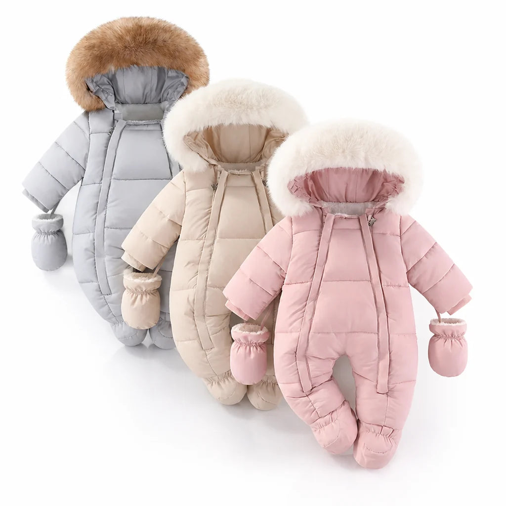 Padded Baby Romper with Faux Fur Hood (Built-in Hand Warmers)