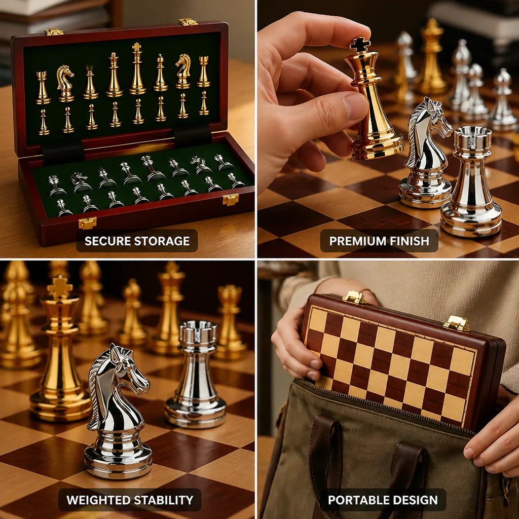 Foldable Padded Chess Set with Gold and Silver Finish