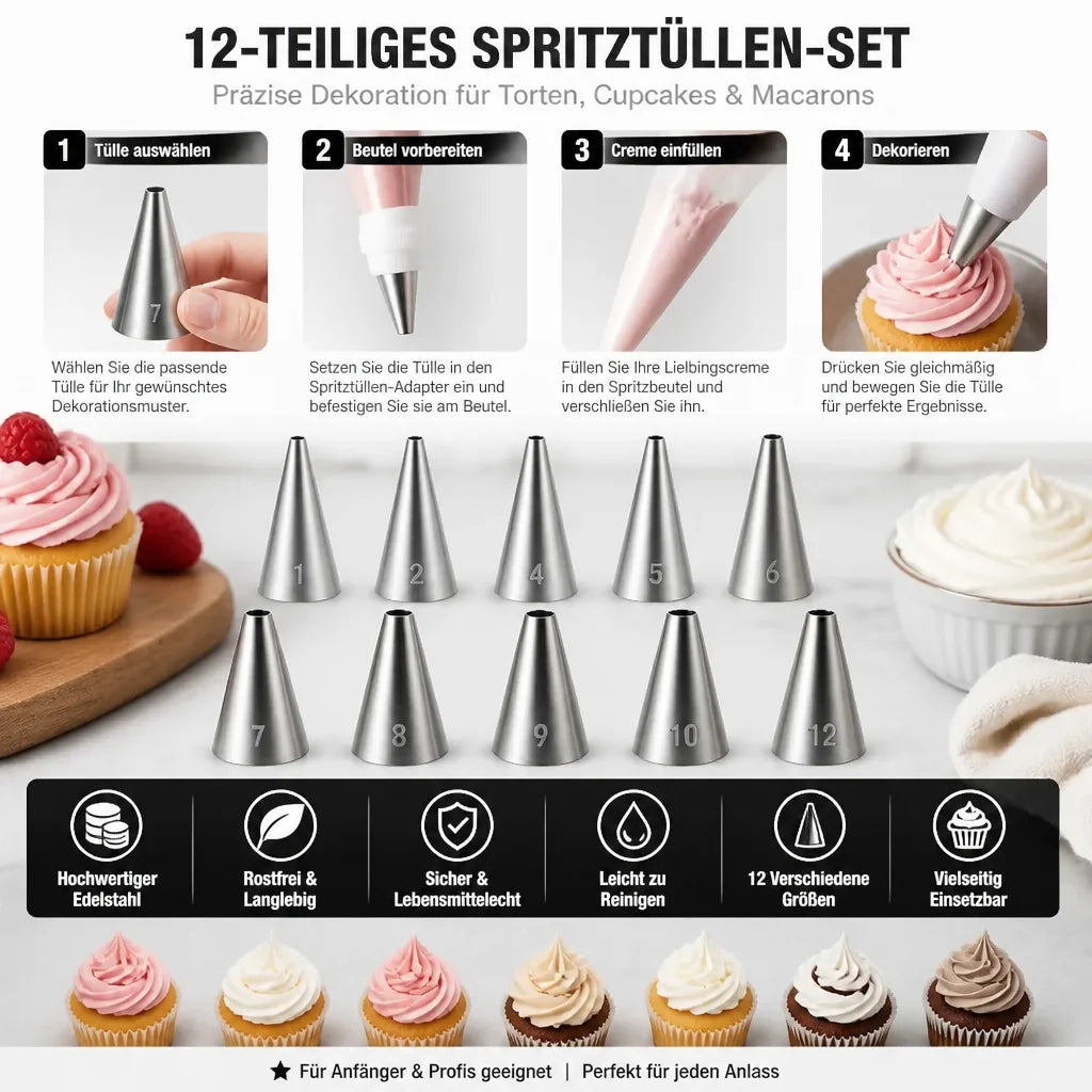 12-piece piping nozzle set for cakes & cupcakes