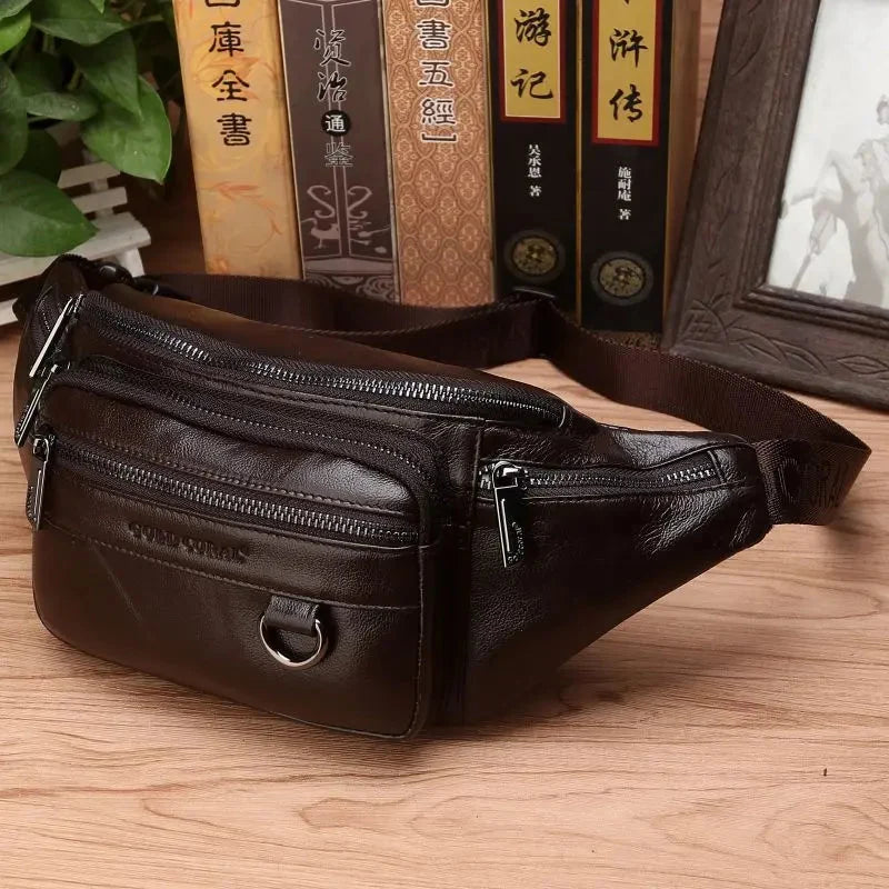 Genuine Leather Men's Waist Bag with Multiple Pockets