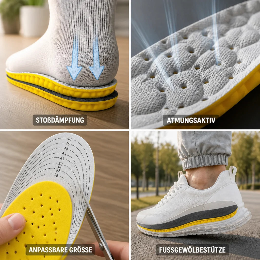 Shock-absorbing, perforated insoles with arch support