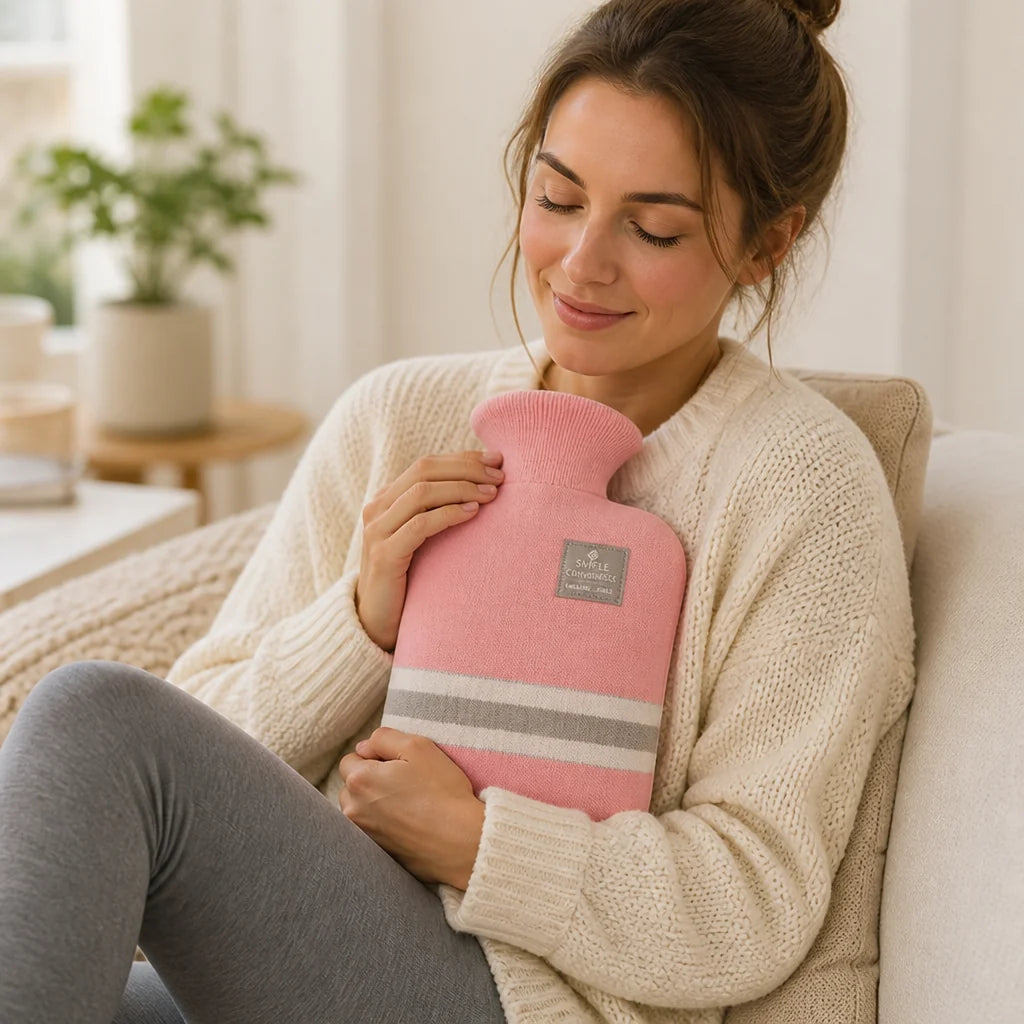 Soft, knitted, heat-retaining 1L hot water bottle