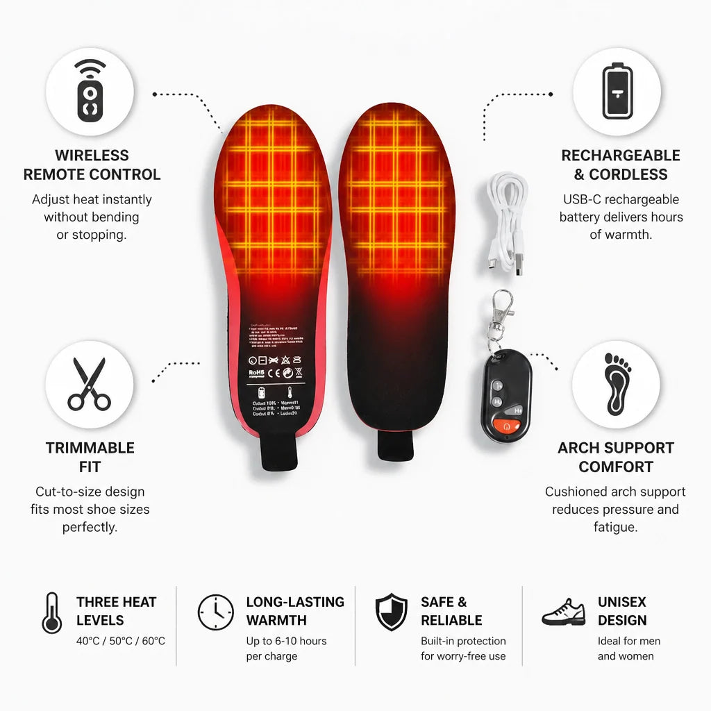 Heated Insoles USB-C Rechargeable Battery Wireless Remote Control