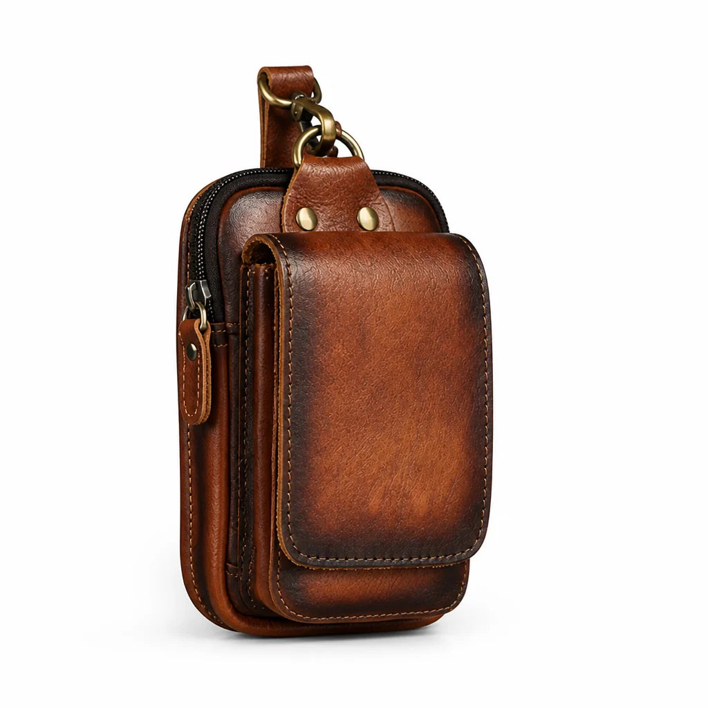 Full-grain cowhide leather fanny pack with magnetic flap and zipper