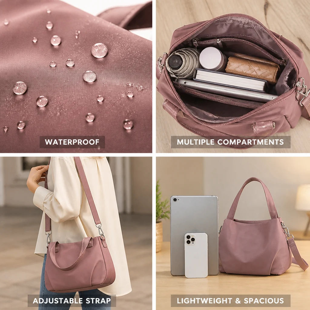 Waterproof nylon shoulder bag with multiple compartments