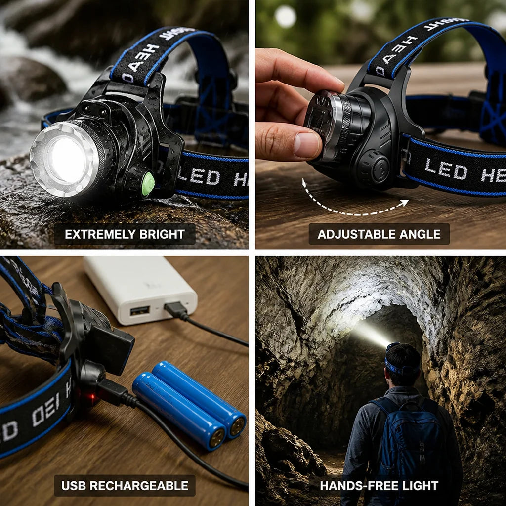 LED Headlamp USB Rechargeable Floodlight & Spotlight