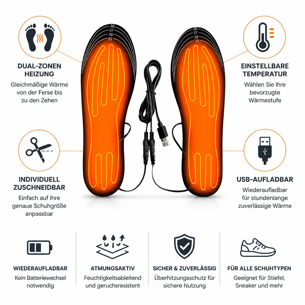 USB rechargeable heated insoles with dual-zone heating (cuttable)