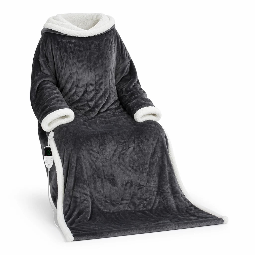 Sherpa-Lined, Machine Washable, Wearable Heated Blanket (with Sleeves and Foot Pockets)