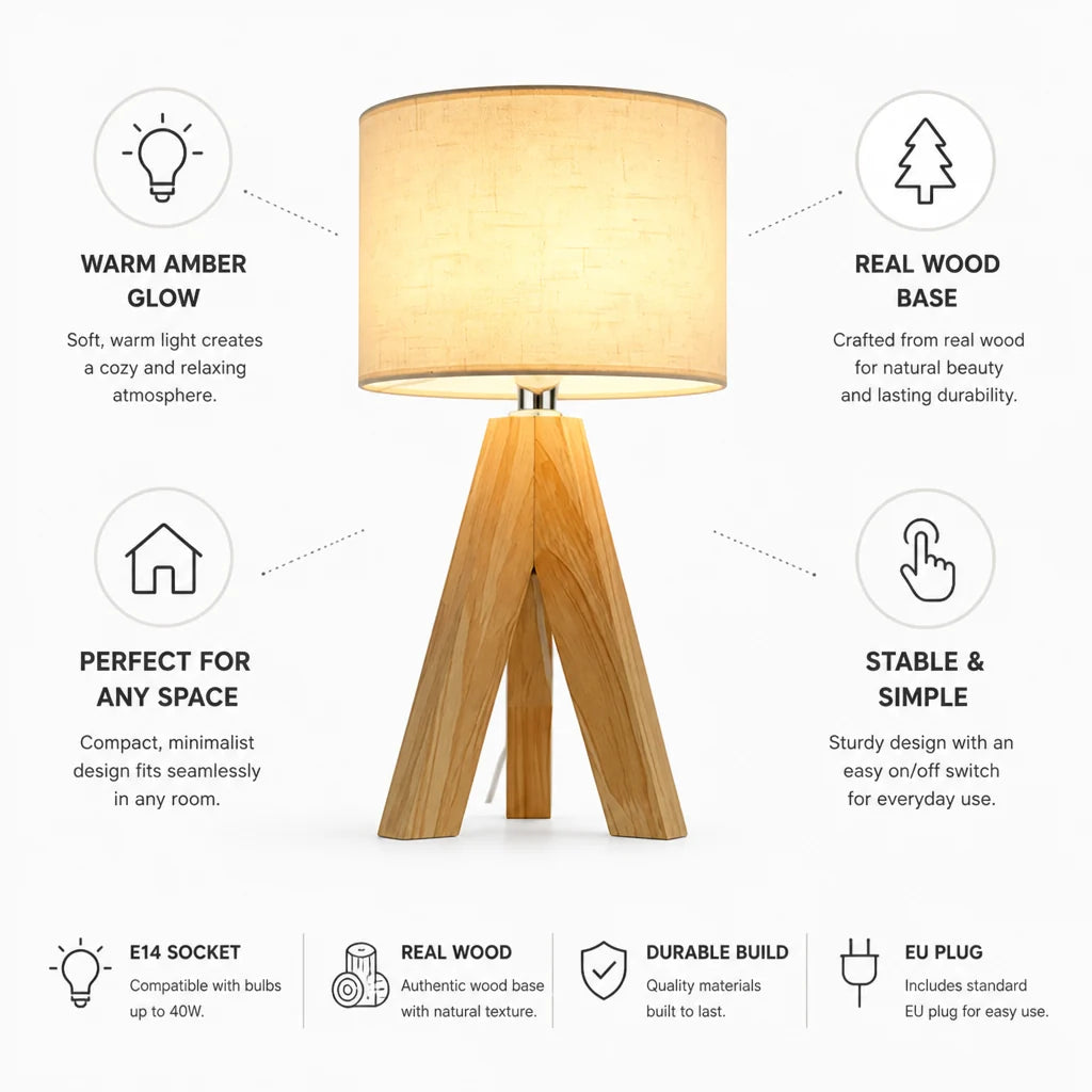 Table lamp with wooden base and warm amber light