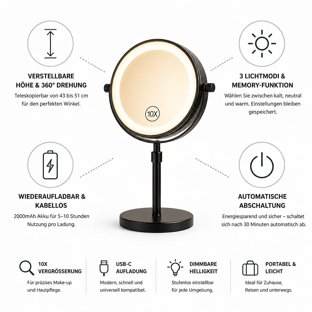Rechargeable 10X Double-Sided LED Cosmetic Mirror (Telescopic Stand)