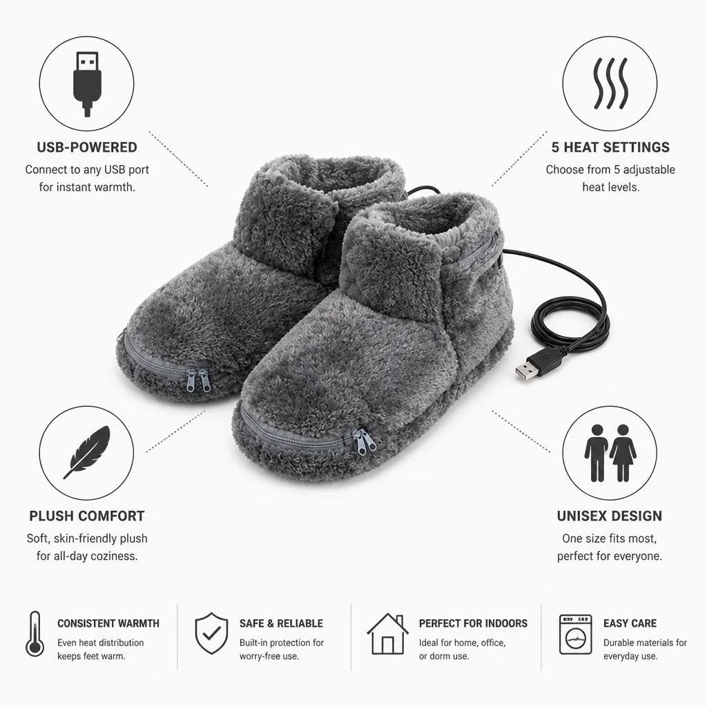 USB-operated, plush-lined heated slippers (5 heat settings)