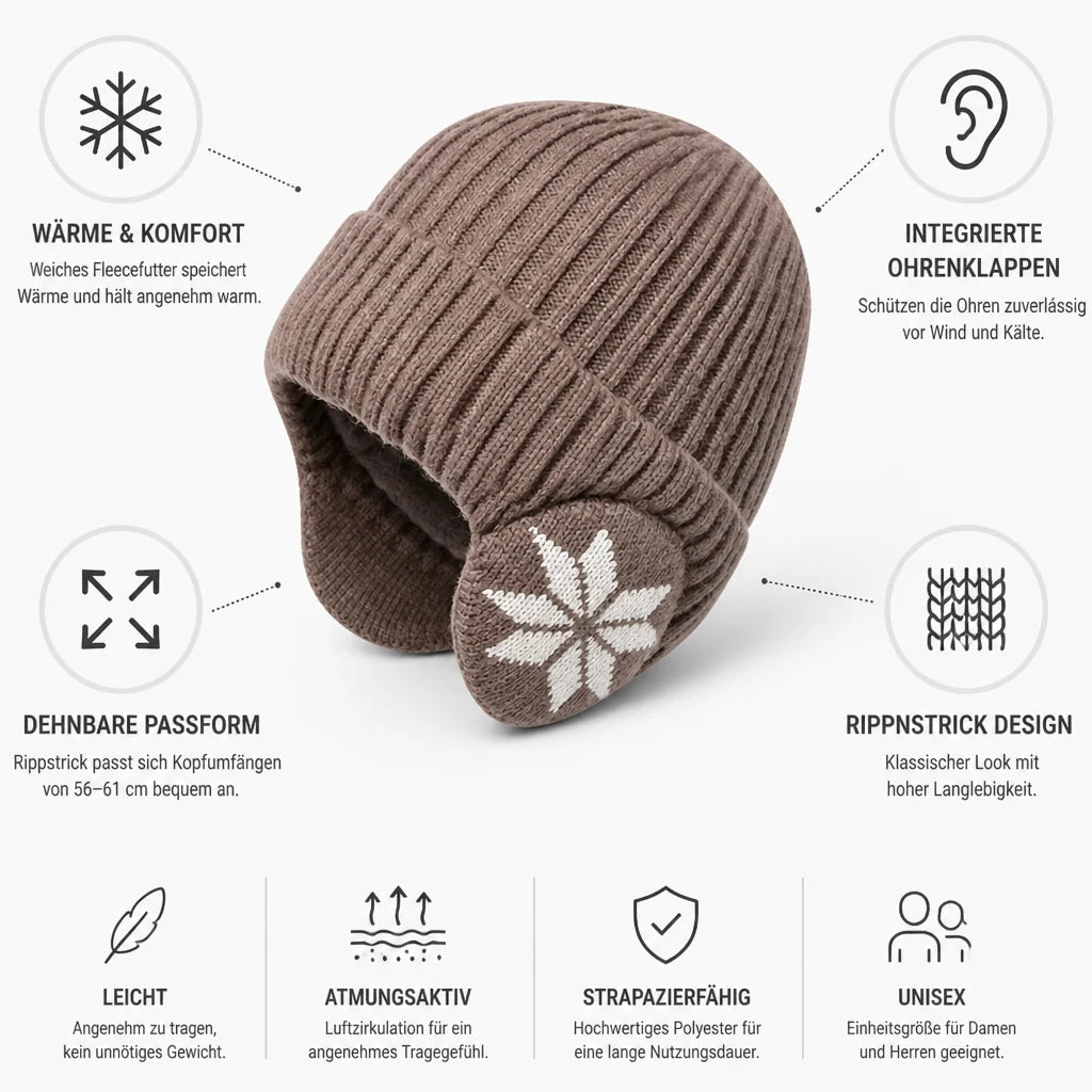 Fleece Lined Beanie Ribbed Knit & Ear Flap (One Size Fits Most)