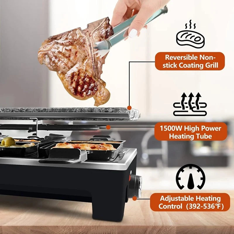Electric Grill with 8 Raclette Pans & Reversible Nonstick Plate