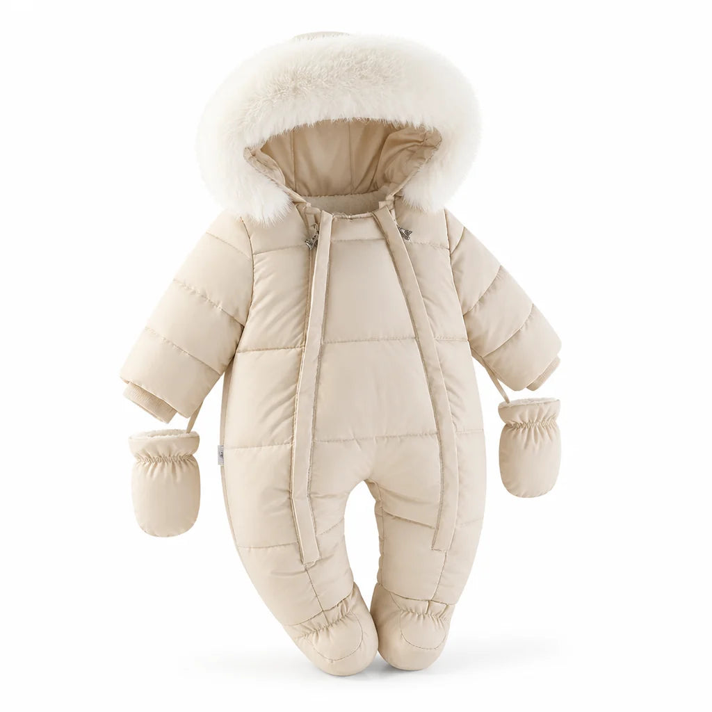 Padded Baby Romper with Faux Fur Hood (Built-in Hand Warmers)