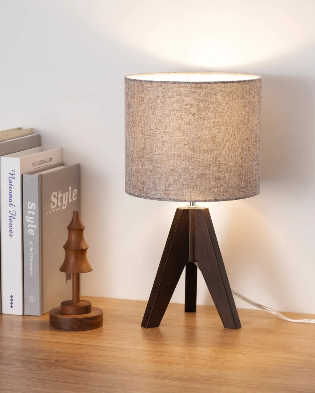 Wooden Table Lamp, Tripod Base, LED Bulb Included