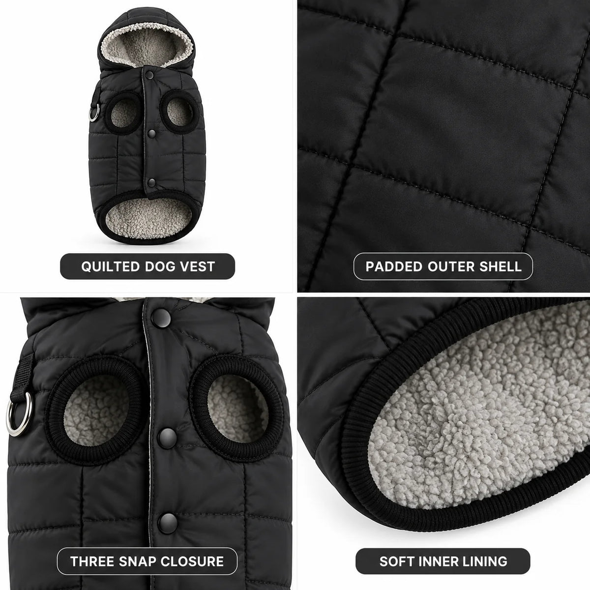 Windproof, fleece-lined dog winter vest with integrated D-ring