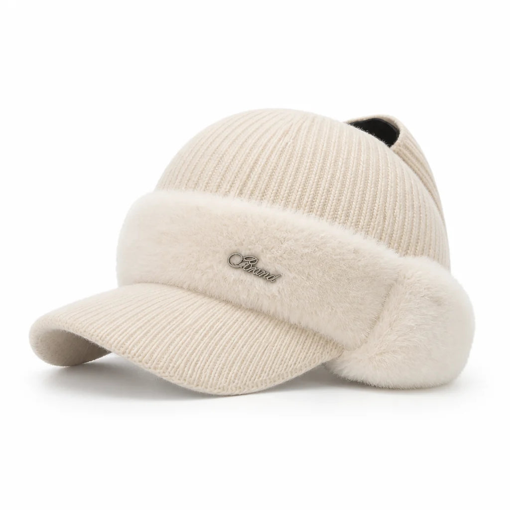 Knit Fleece-Lined Baseball Cap with Ear Warmer (Ponytail Opening)