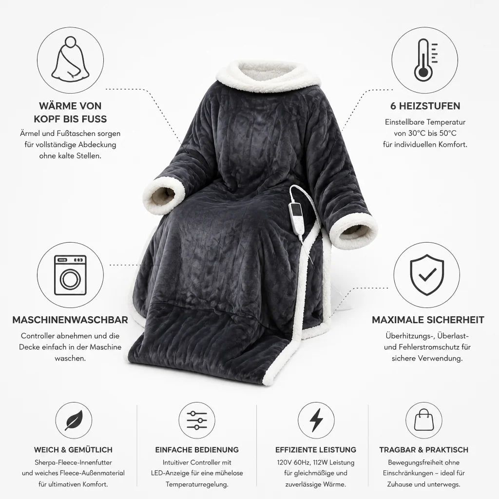 Sherpa-Lined, Machine Washable, Wearable Heated Blanket (with Sleeves and Foot Pockets)