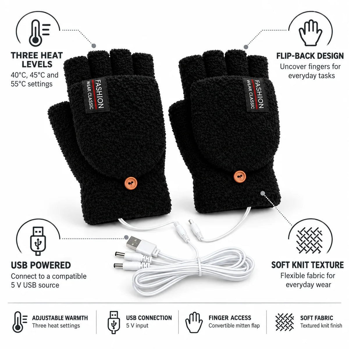 USB-powered adjustable heated fingerless folding gloves