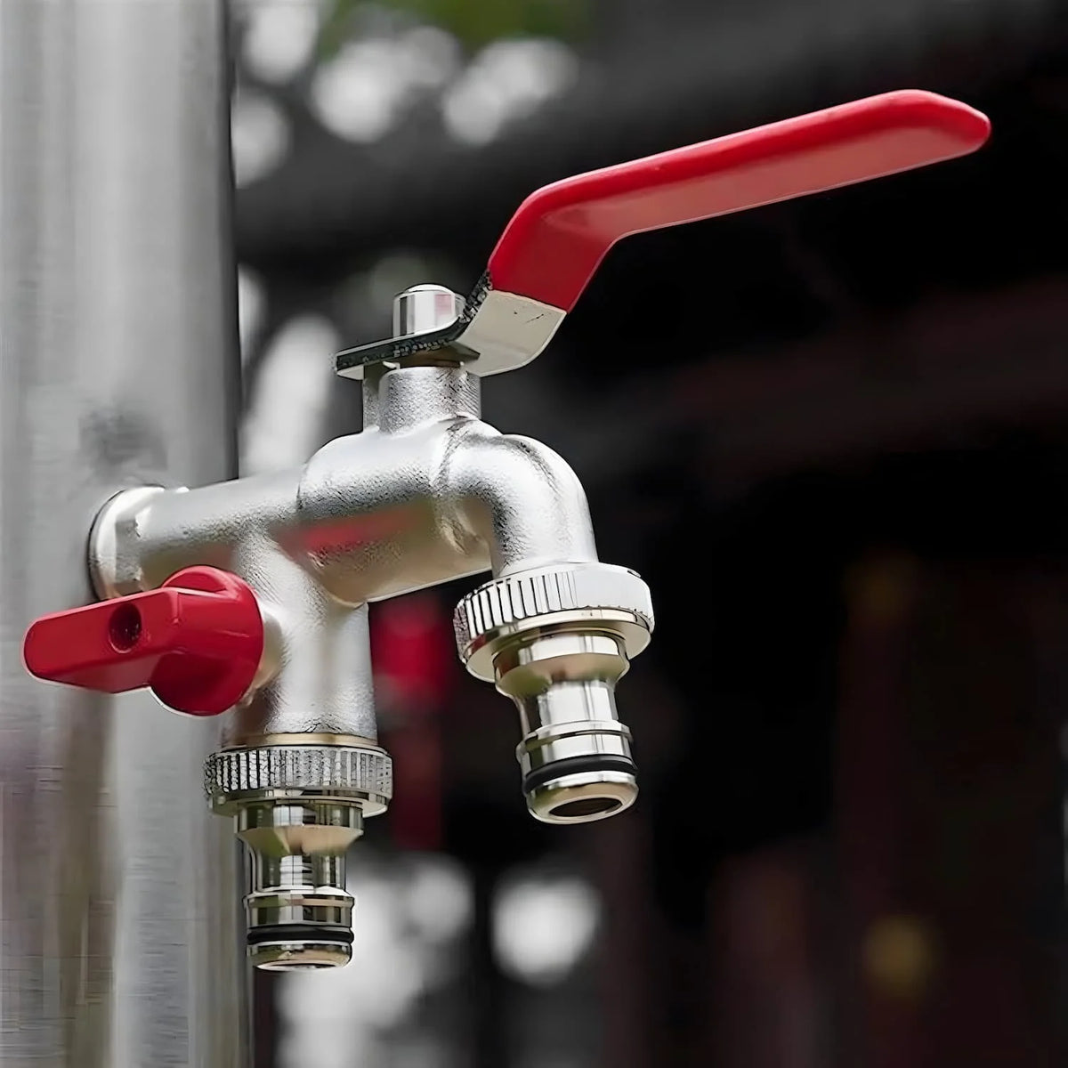 Double stainless steel water tap with 2 outlets
