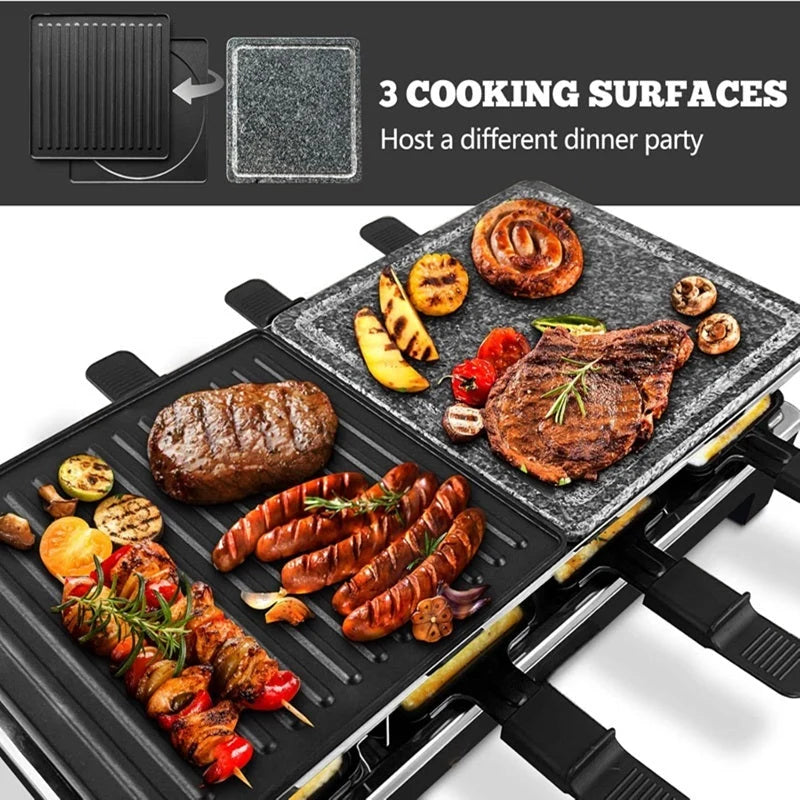 Electric Grill with 8 Raclette Pans & Reversible Nonstick Plate