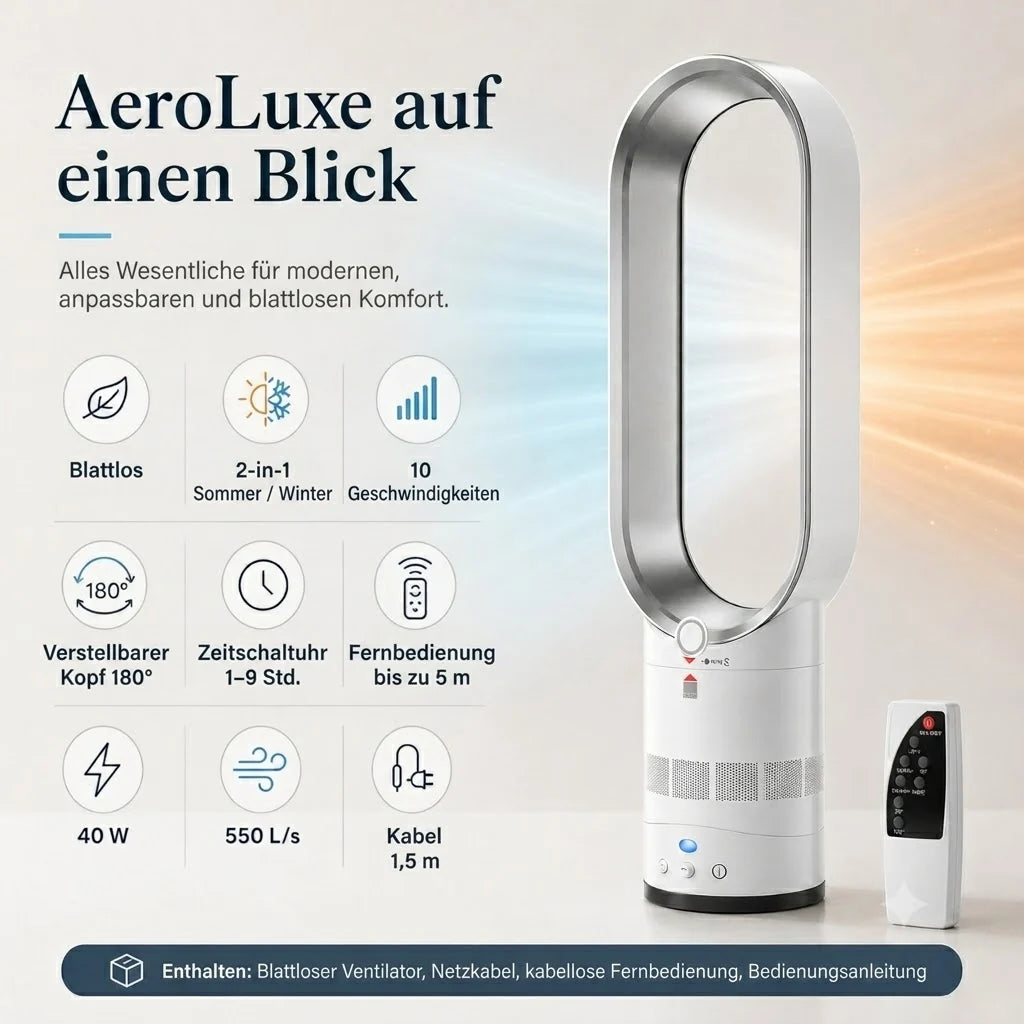 AeroLuxe Bladeless Fan Heater Tower 2-in-1