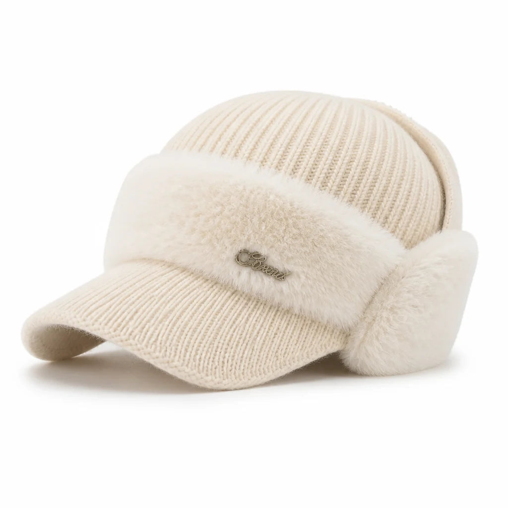 Knit Fleece-Lined Baseball Cap with Ear Warmer (Ponytail Opening)