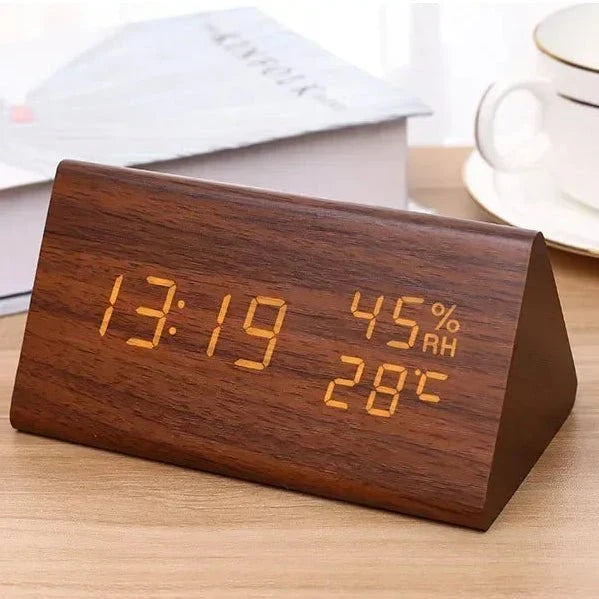 LED Alarm Clock Wood Effect with 3 Alarms & Temperature