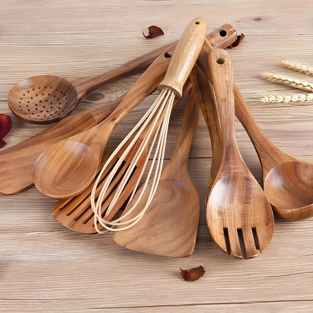 Teak Kitchen Utensils Set 11-Piece with Holder