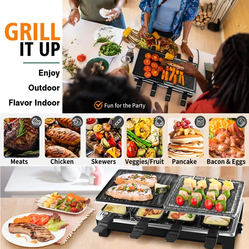 Electric Grill with 8 Raclette Pans & Reversible Nonstick Plate